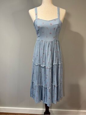 Japna Women's S Blue White Gingham Cherry Tiered Midi Dress Smocked Cottagecore